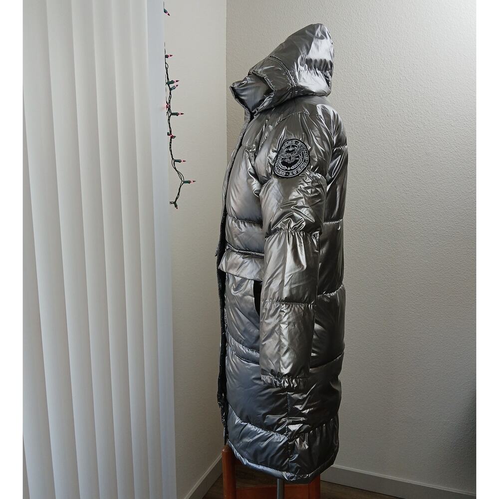 Metallic Silver Hooded Puffer Coat Large warm winter maximalism long line jacket - Picture 2 of 13